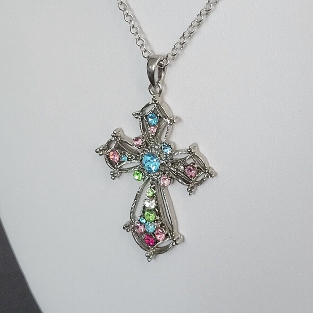 Silver Tone Round Link Chain Cross Pendant Rhinestone Fashion Necklace 22 in - Picture 3 of 9